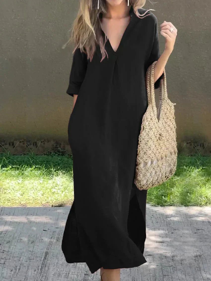 Women's Relaxed V-Neck Cotton-Linen Summer Maxi Dress