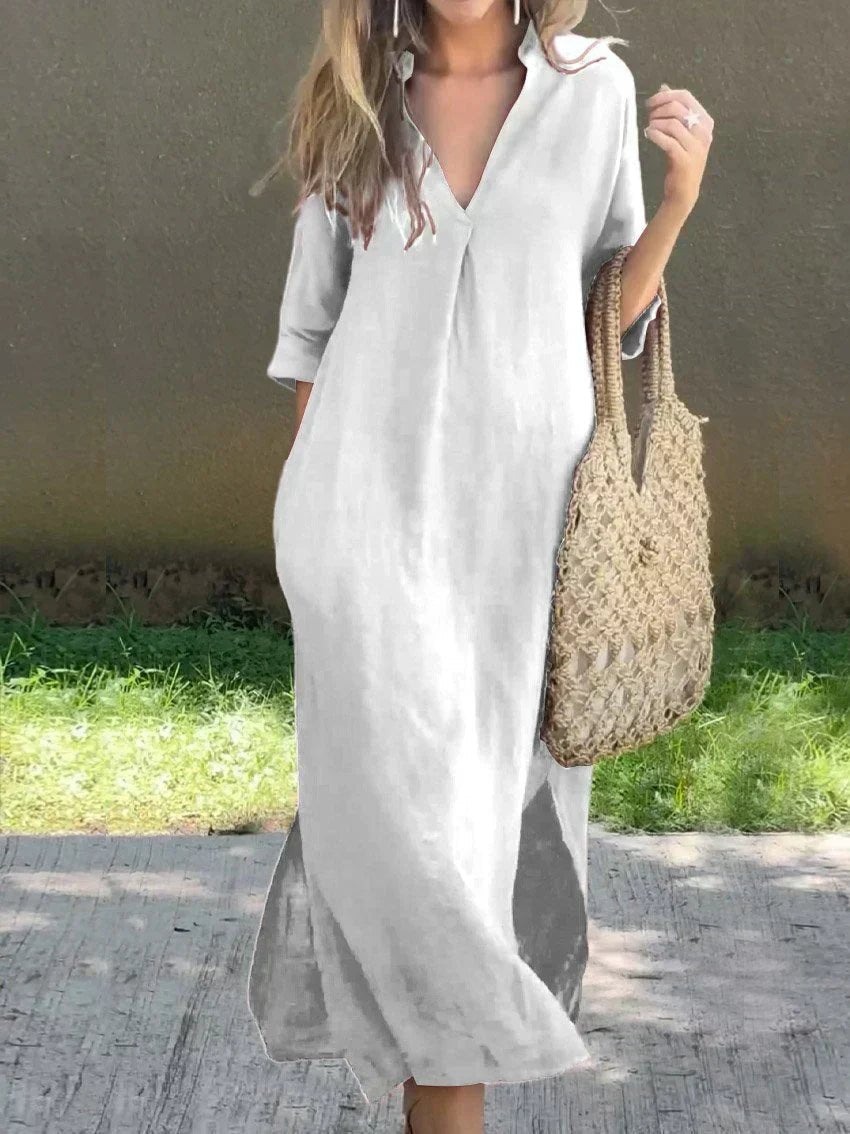 Women's Relaxed V-Neck Cotton-Linen Summer Maxi Dress