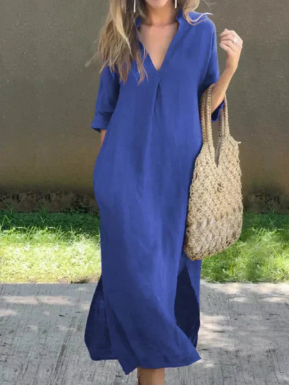 Women's Relaxed V-Neck Cotton-Linen Summer Maxi Dress