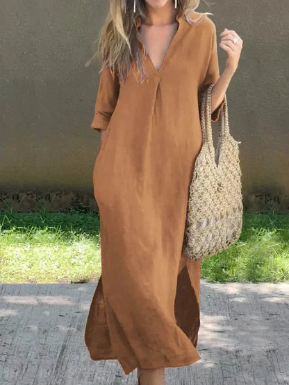 Women's Relaxed V-Neck Cotton-Linen Summer Maxi Dress