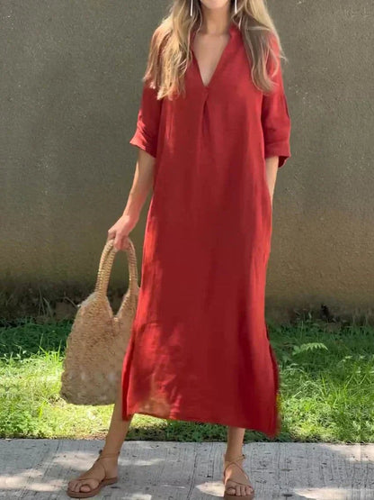 Women's Relaxed V-Neck Cotton-Linen Summer Maxi Dress