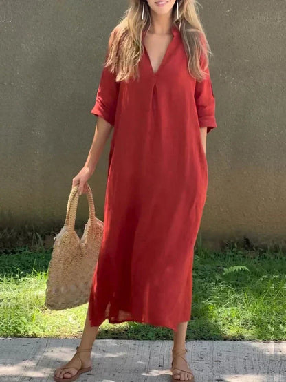 Women's Relaxed V-Neck Cotton-Linen Summer Maxi Dress