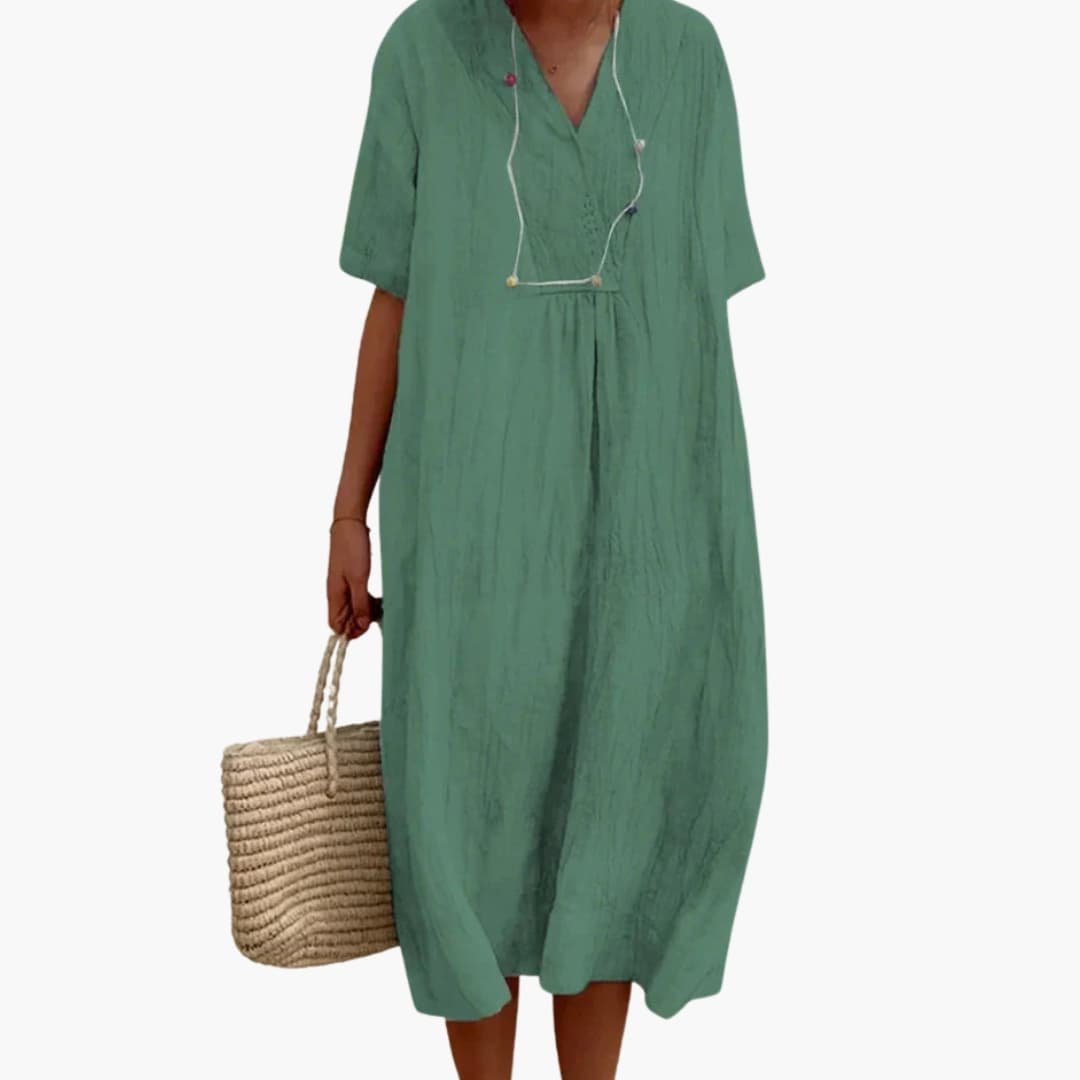 Women's Loose Short-Sleeve V-Neck Linen Midi Dress
