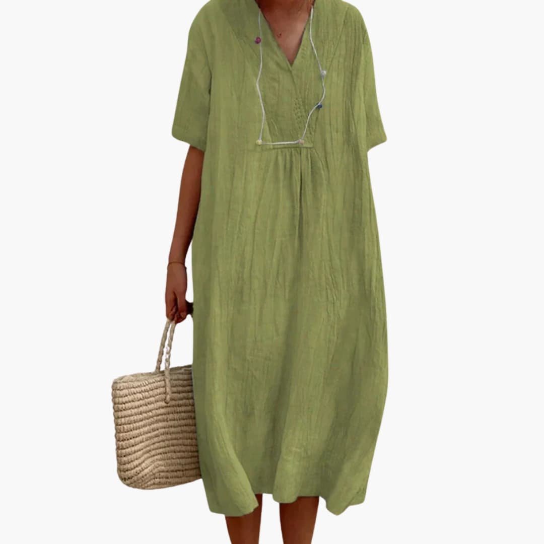 Women's Loose Short-Sleeve V-Neck Linen Midi Dress