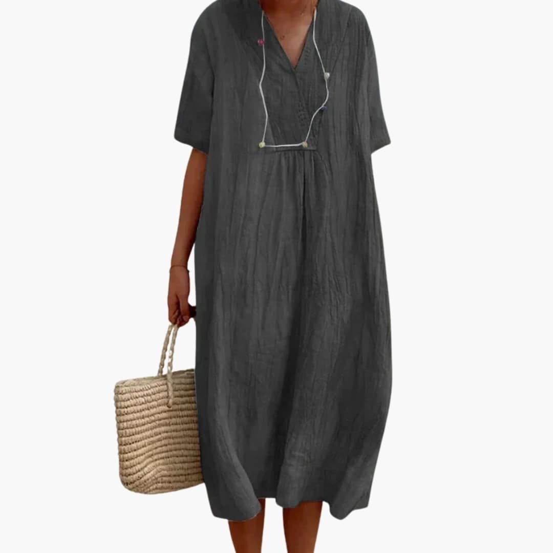 Women's Loose Short-Sleeve V-Neck Linen Midi Dress