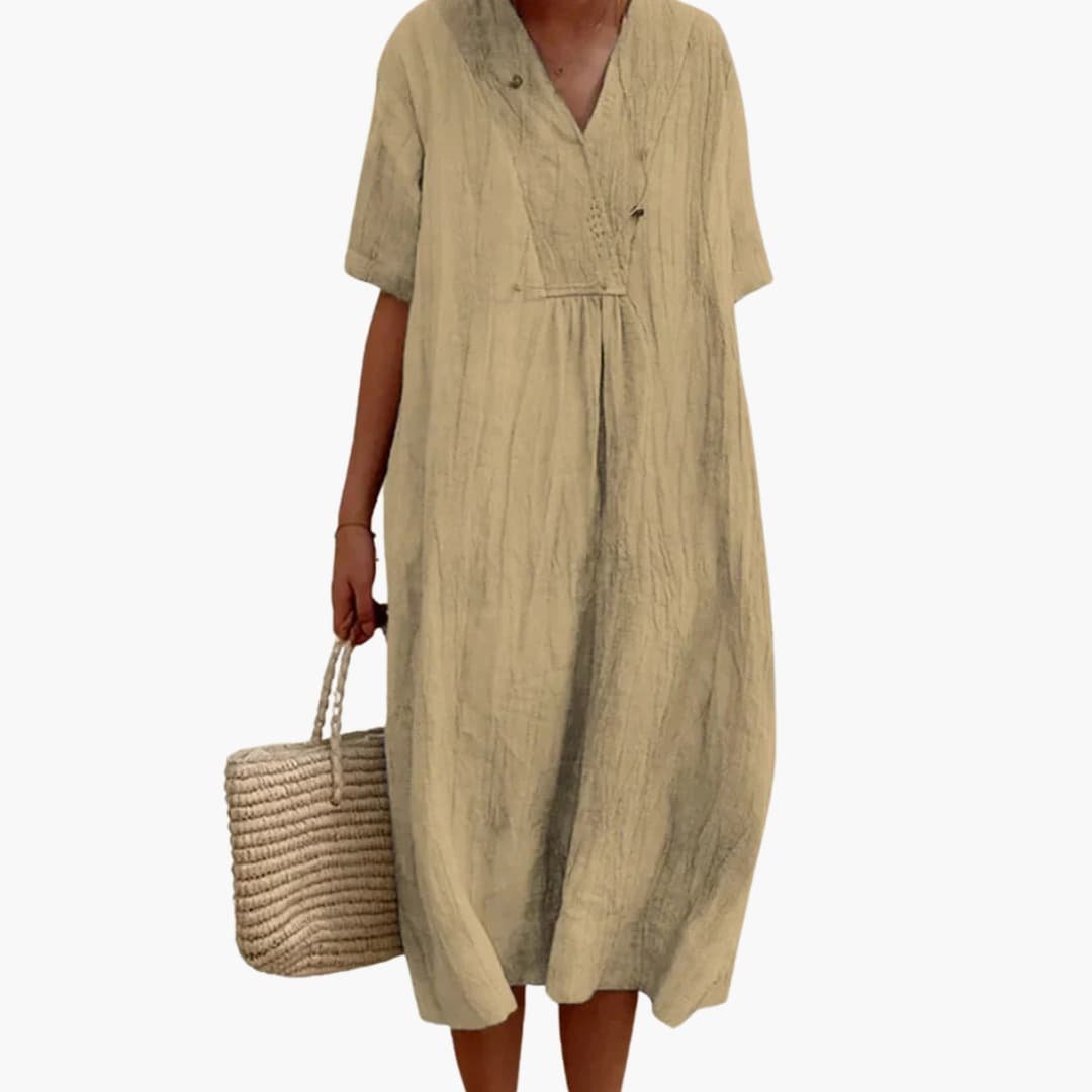 Women's Loose Short-Sleeve V-Neck Linen Midi Dress