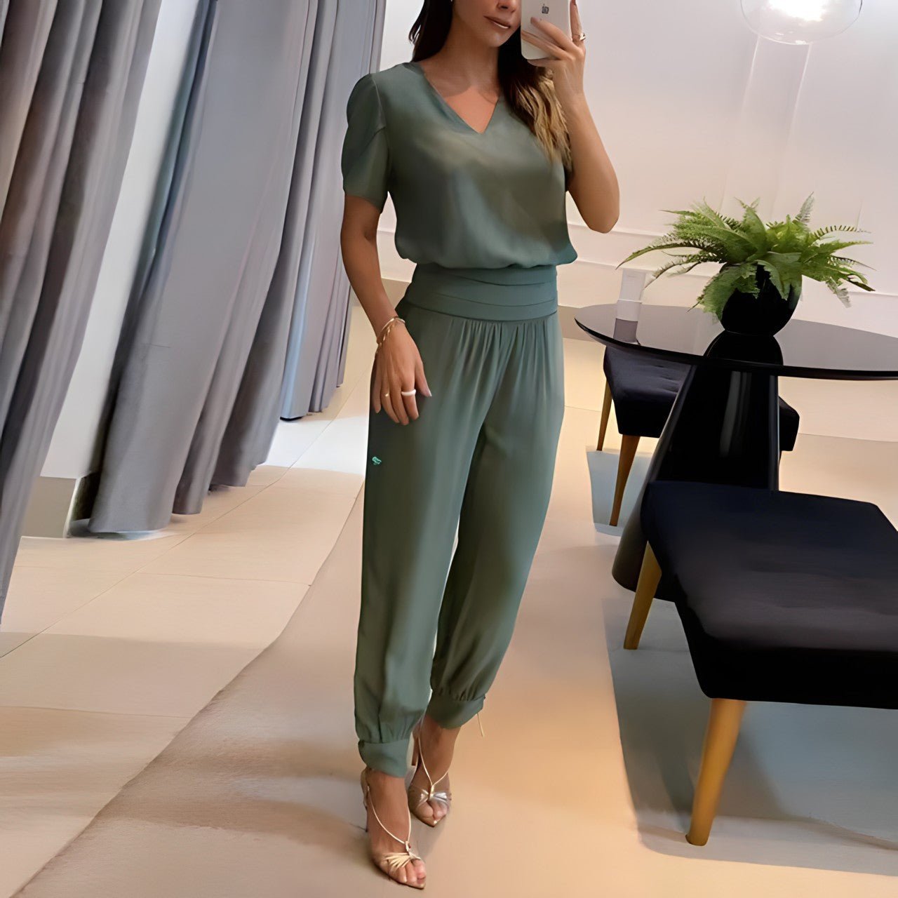 Short-Sleeve V-Neck Top and Wide-Leg Trousers Two-Piece Set for Women