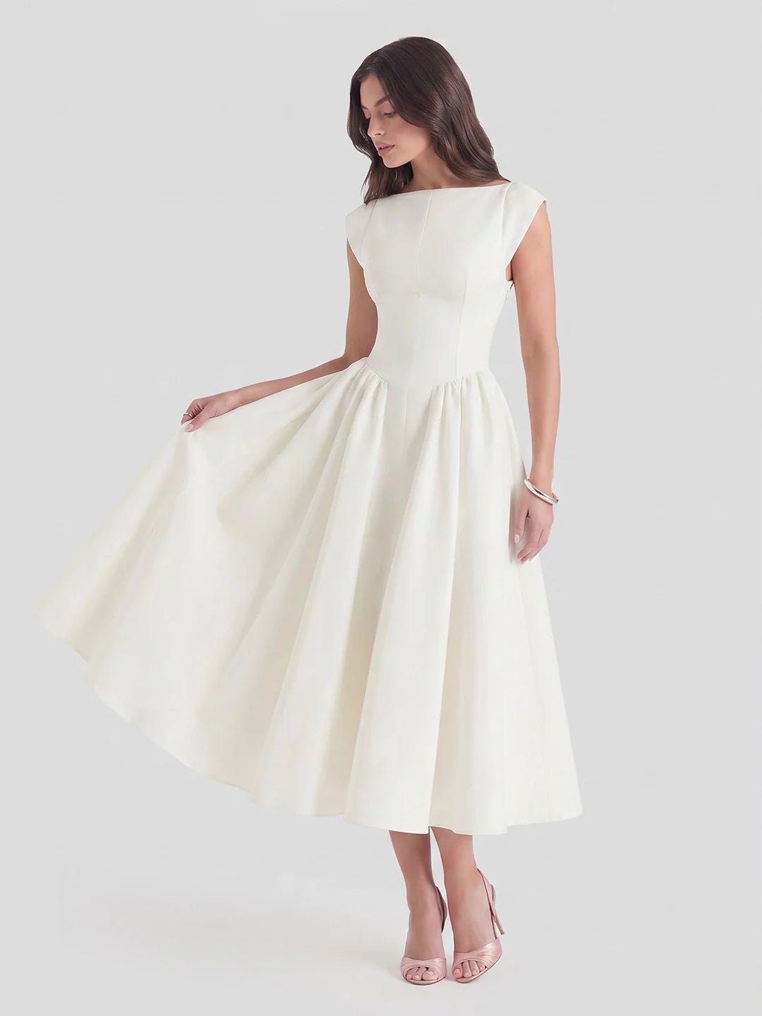 Women's Retro Satin Boatneck Midi Dress