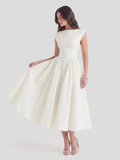 Women's Retro Satin Boatneck Midi Dress