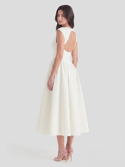 Women's Retro Satin Boatneck Midi Dress