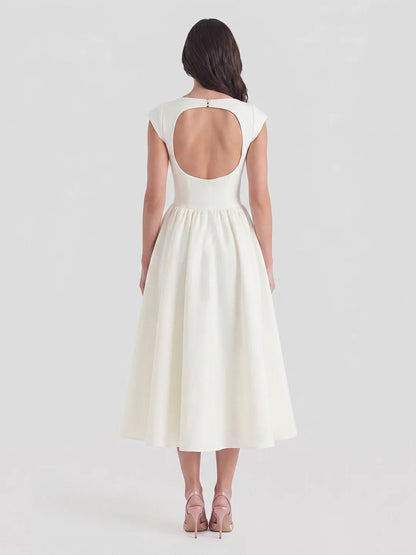 Women's Retro Satin Boatneck Midi Dress
