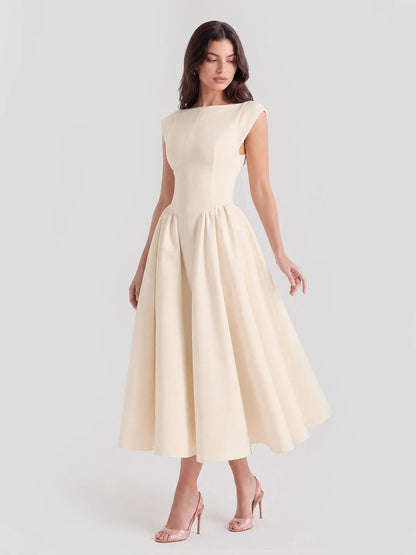 Women's Retro Satin Boatneck Midi Dress