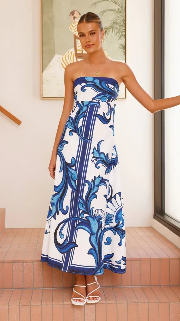 Women's Strapless Vintage Pattern Full-Length Dress