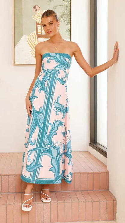 Women's Strapless Vintage Pattern Full-Length Dress