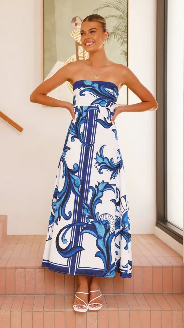 Women's Strapless Vintage Pattern Full-Length Dress