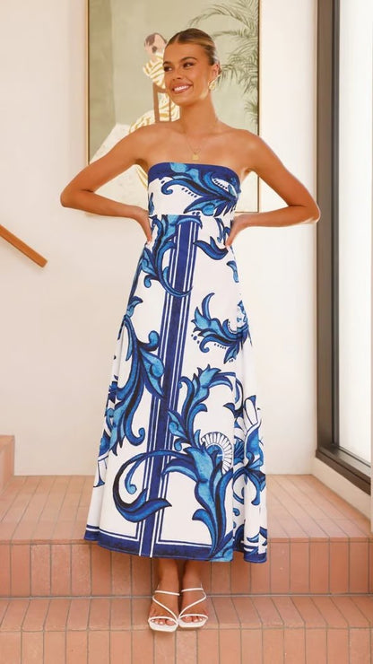 Women's Strapless Vintage Pattern Full-Length Dress