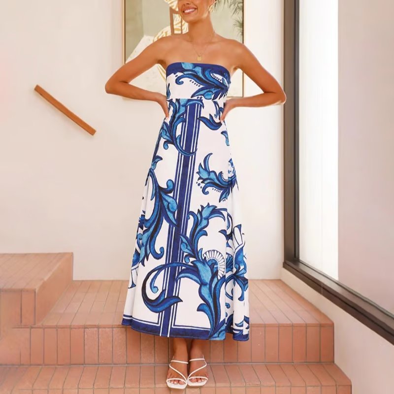 Women's Strapless Vintage Pattern Full-Length Dress