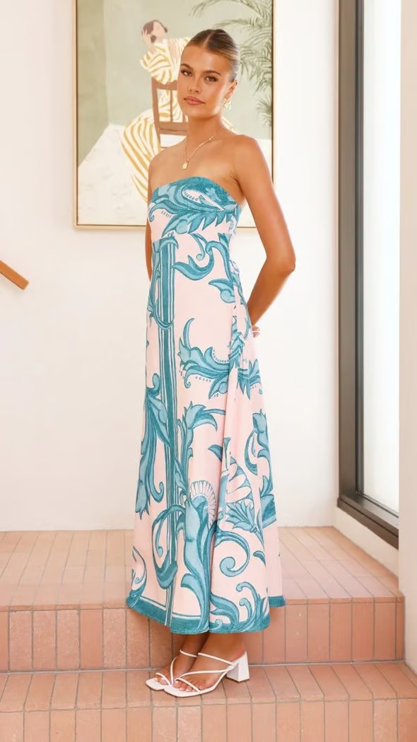 Women's Strapless Vintage Pattern Full-Length Dress