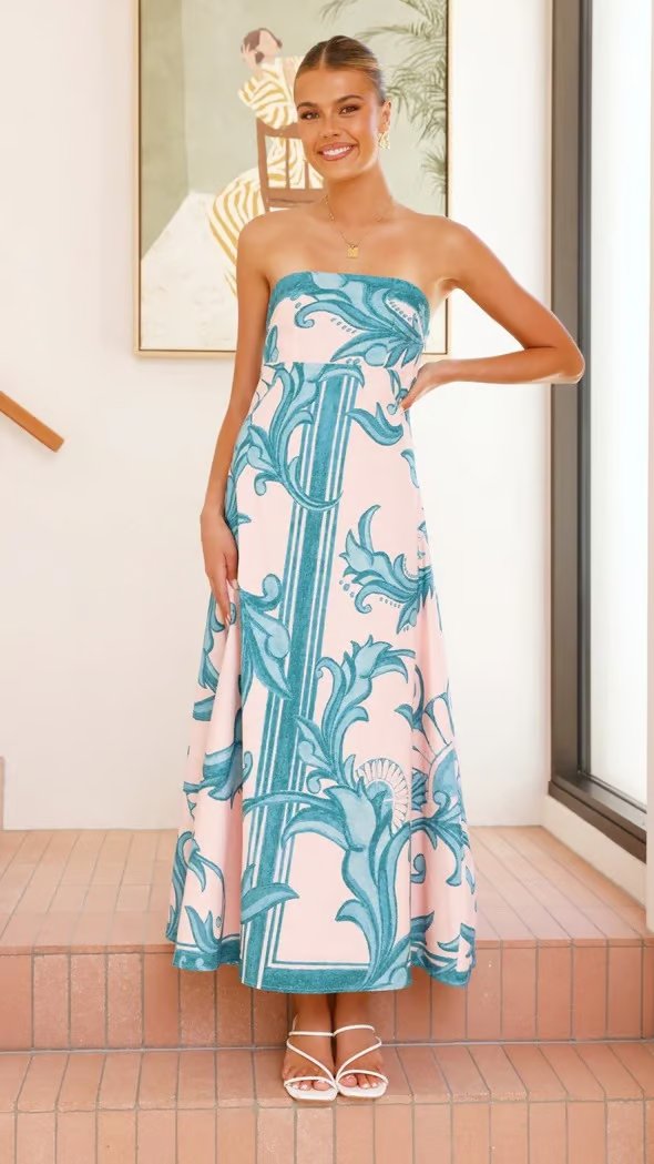Women's Strapless Vintage Pattern Full-Length Dress
