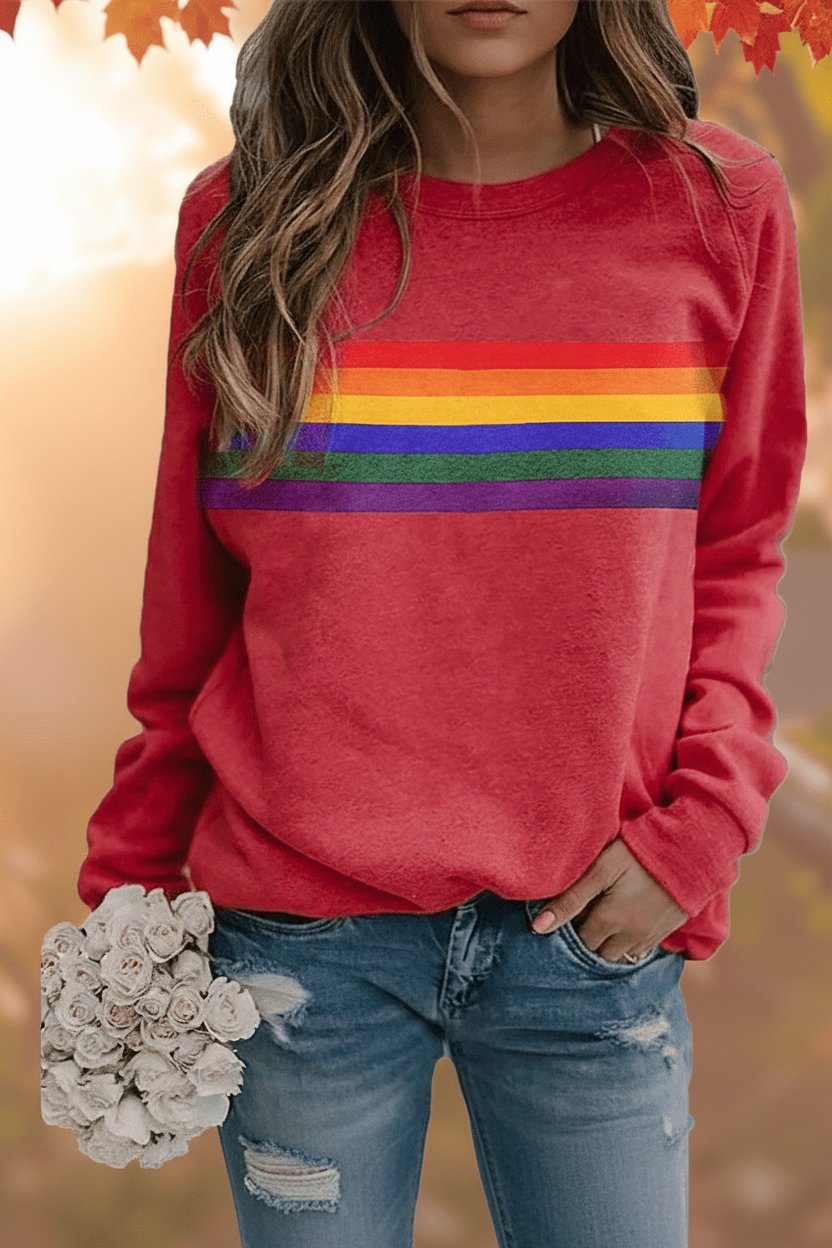 Women's Loose-Fit Retro Rainbow Striped Sweatshirt