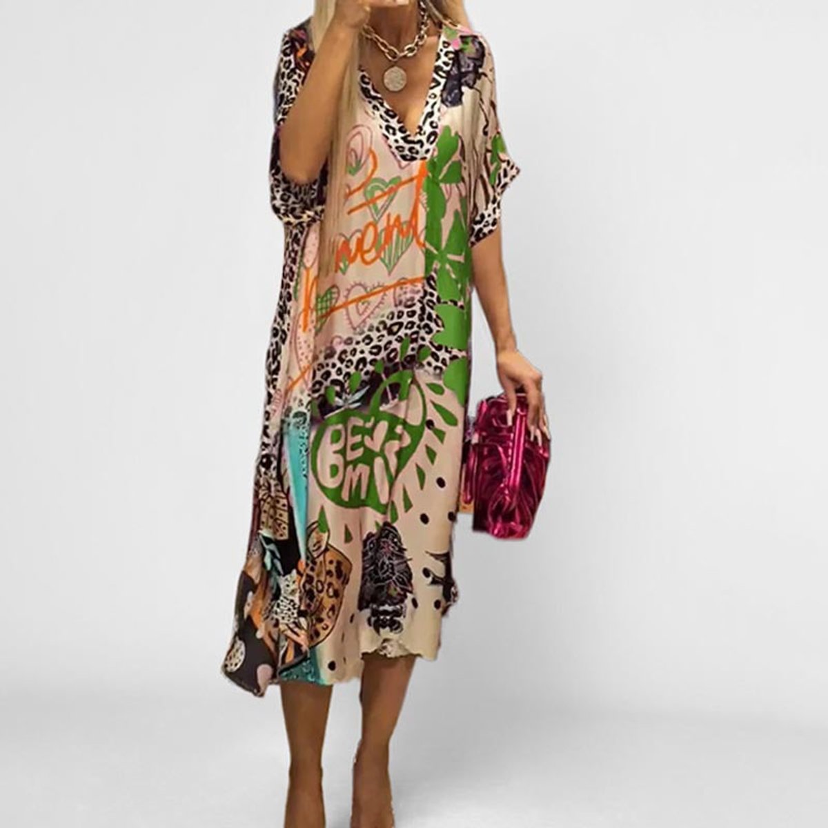 Women's V-Neck Graphic Print Flared Tunic