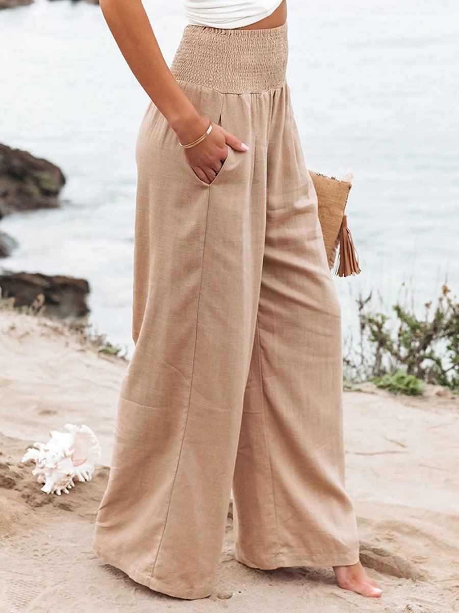 Women's Elasticated High-Rise Wide-Leg Linen Trousers