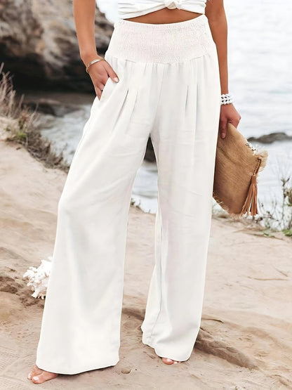 Women's Elasticated High-Rise Wide-Leg Linen Trousers