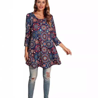 Women's 3/4 Sleeve Mandala Pattern Relaxed Tunic Top