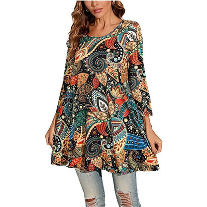 Women's 3/4 Sleeve Mandala Pattern Relaxed Tunic Top