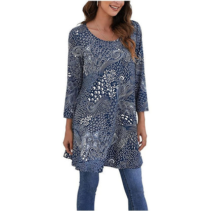 Women's 3/4 Sleeve Mandala Pattern Relaxed Tunic Top