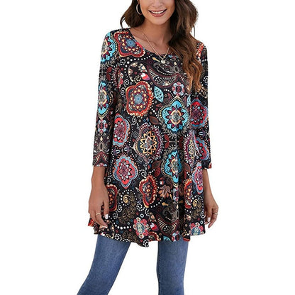 Women's 3/4 Sleeve Mandala Pattern Relaxed Tunic Top