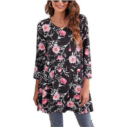 Women's 3/4 Sleeve Mandala Pattern Relaxed Tunic Top