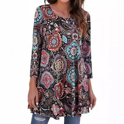 Women's 3/4 Sleeve Mandala Pattern Relaxed Tunic Top