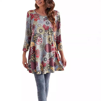 Women's 3/4 Sleeve Mandala Pattern Relaxed Tunic Top