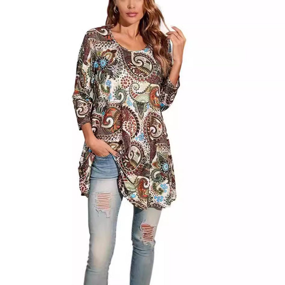 Women's 3/4 Sleeve Mandala Pattern Relaxed Tunic Top