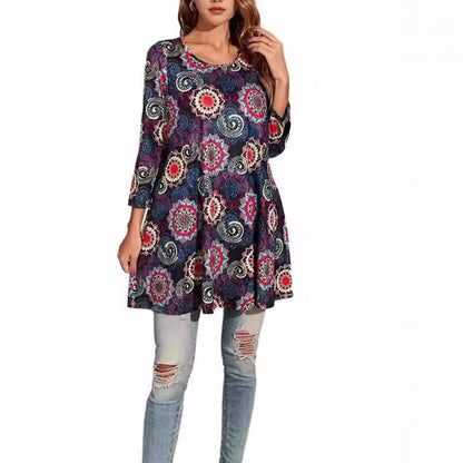Women's 3/4 Sleeve Mandala Pattern Relaxed Tunic Top
