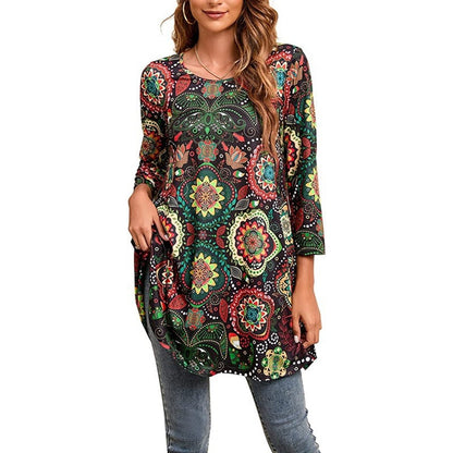 Women's 3/4 Sleeve Mandala Pattern Relaxed Tunic Top