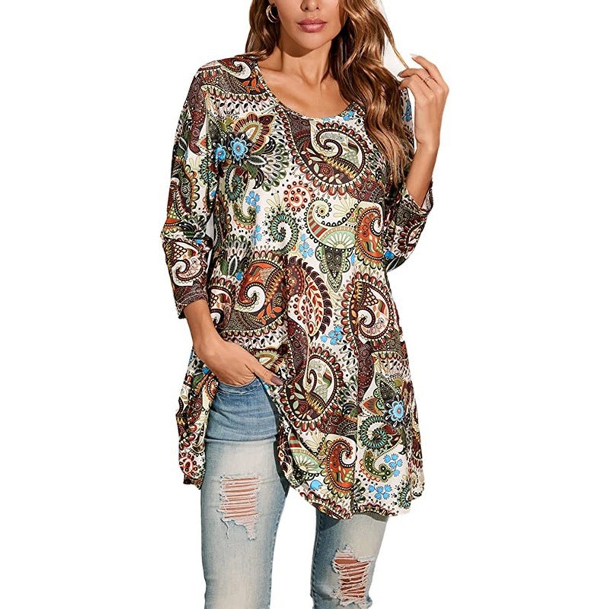 Women's 3/4 Sleeve Mandala Pattern Relaxed Tunic Top