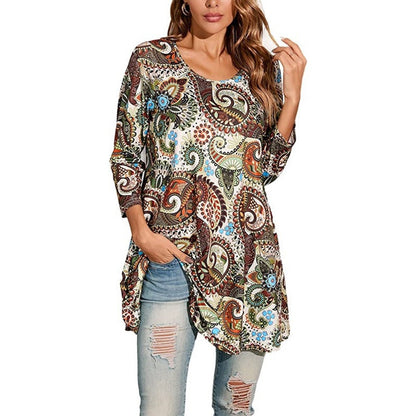 Women's 3/4 Sleeve Mandala Pattern Relaxed Tunic Top