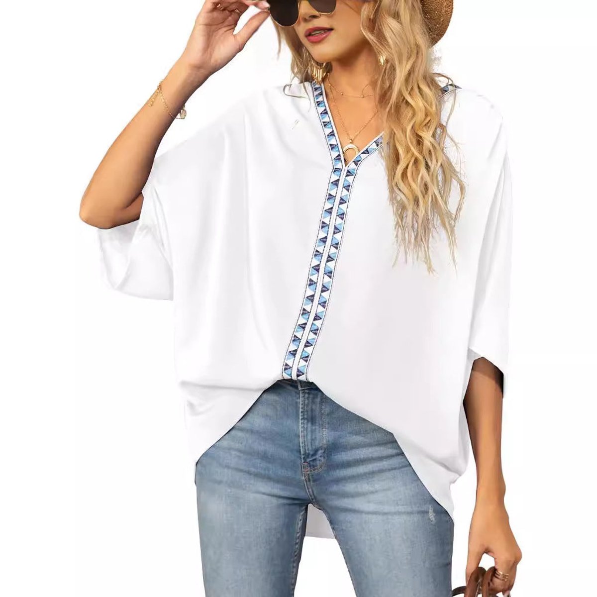 Women's V-Neck Loose Tunic with Geometric Embroidery Detailing