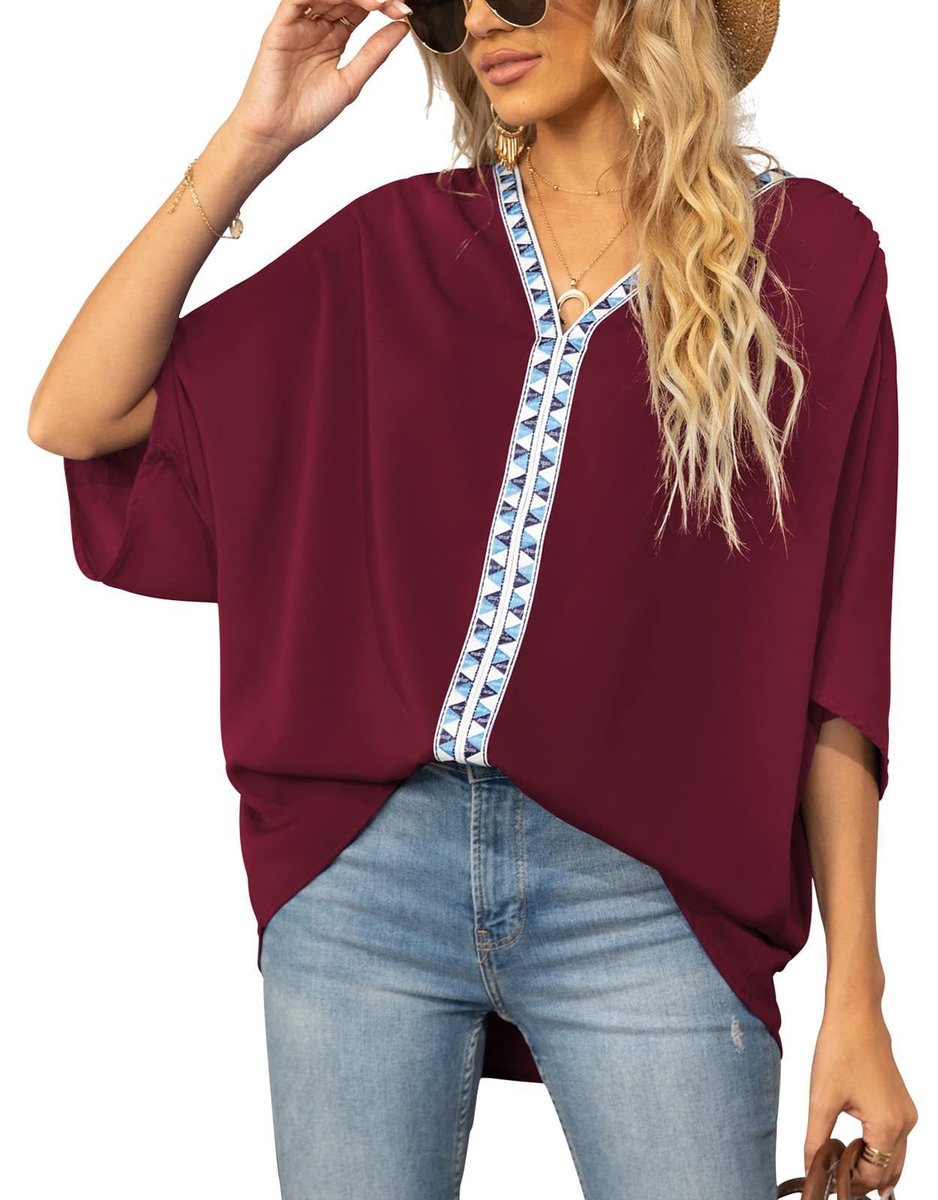 Women's V-Neck Loose Tunic with Geometric Embroidery Detailing
