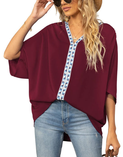 Women's V-Neck Loose Tunic with Geometric Embroidery Detailing