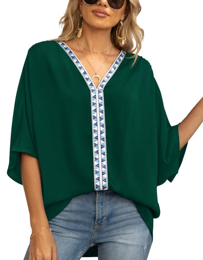 Women's V-Neck Loose Tunic with Geometric Embroidery Detailing
