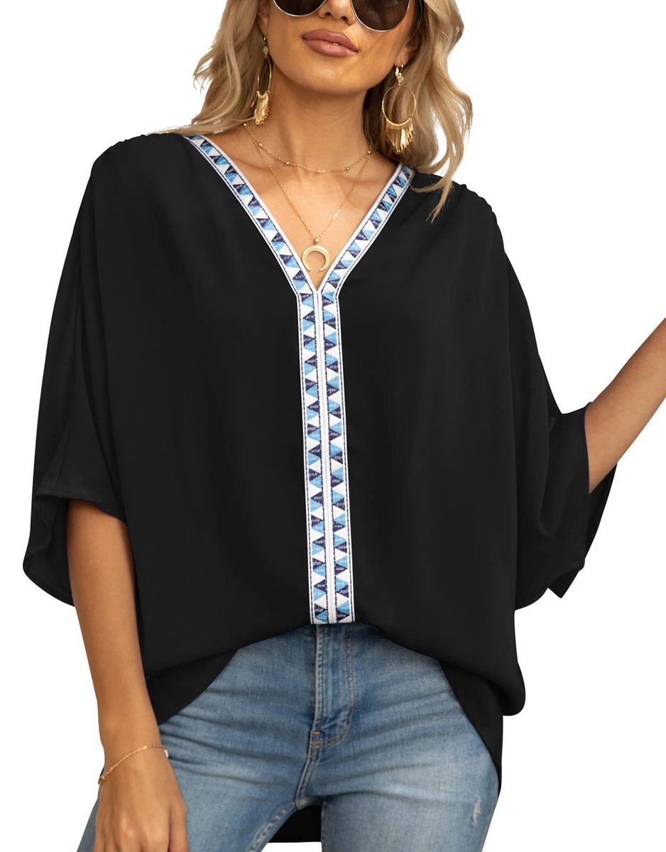 Women's V-Neck Loose Tunic with Geometric Embroidery Detailing