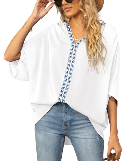 Women's V-Neck Loose Tunic with Geometric Embroidery Detailing