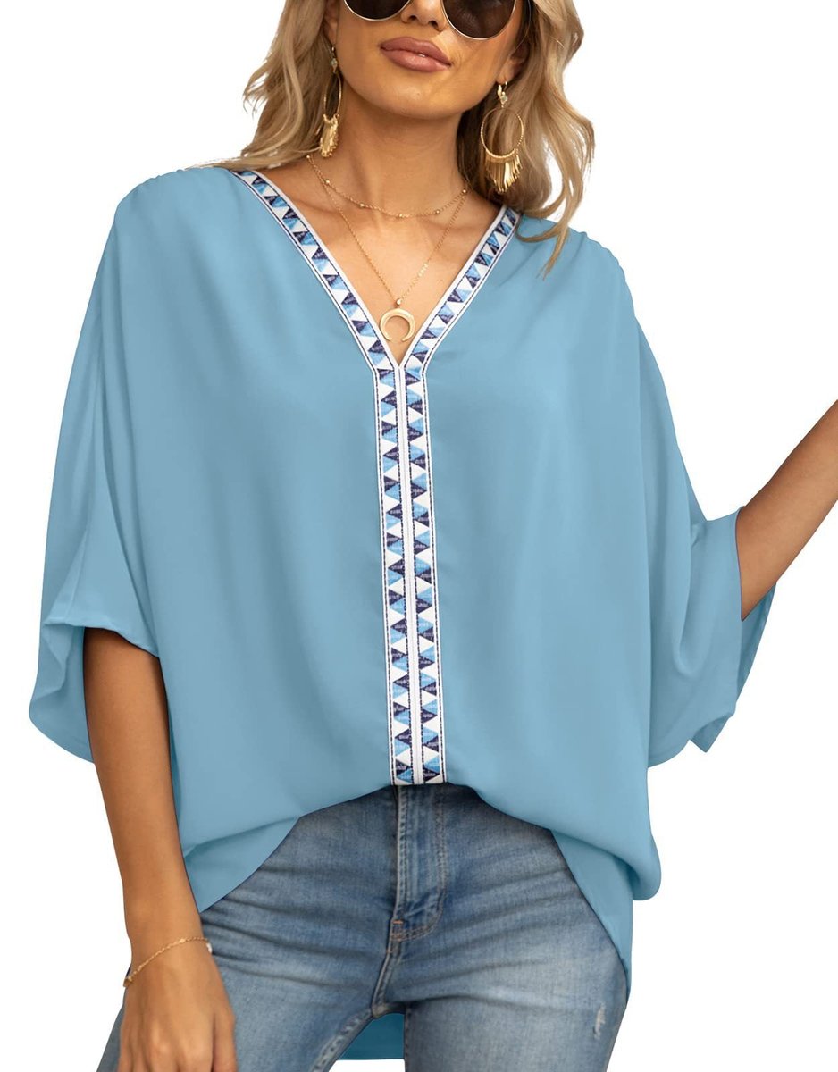Women's V-Neck Loose Tunic with Geometric Embroidery Detailing