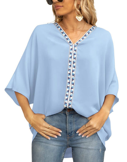 Women's V-Neck Loose Tunic with Geometric Embroidery Detailing