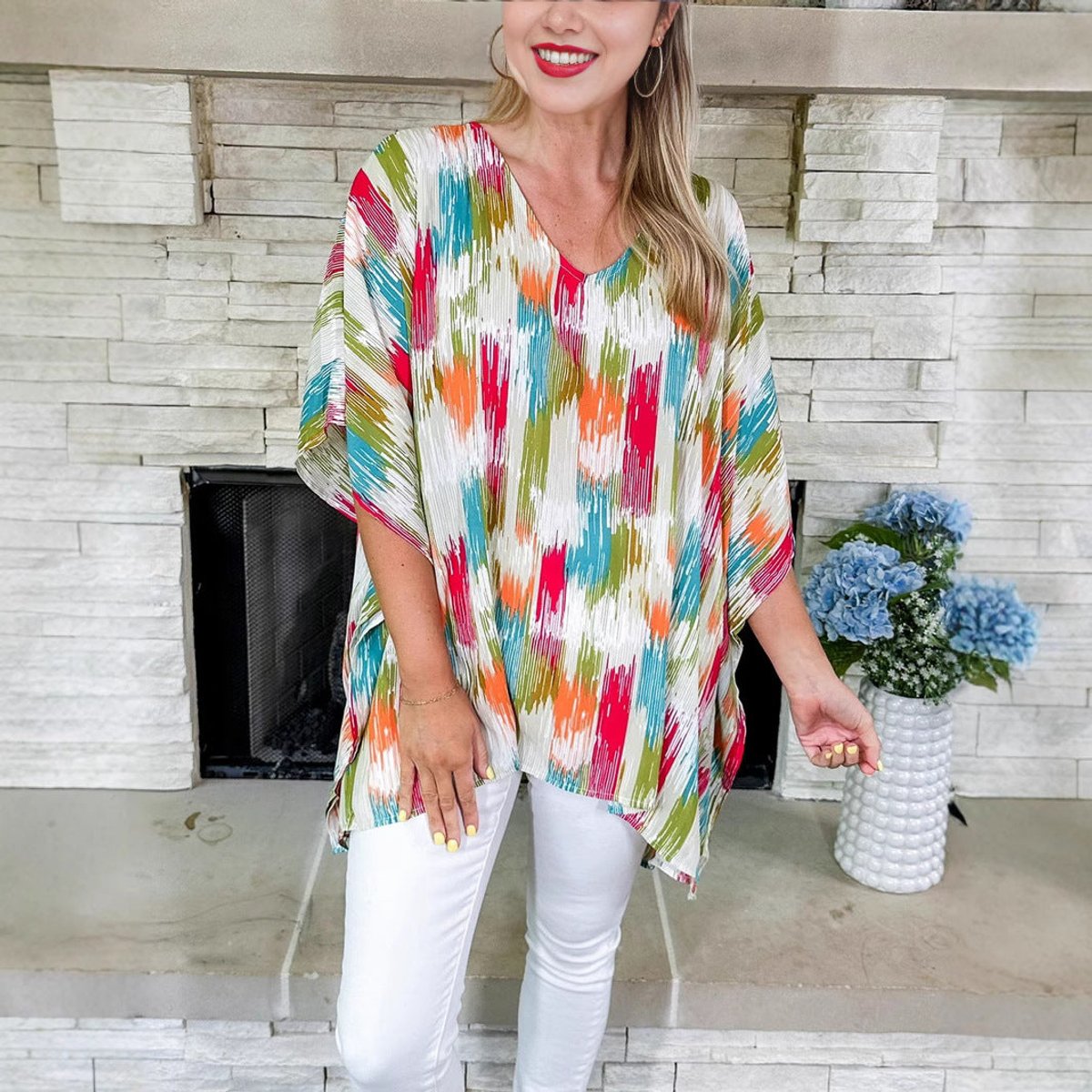 Women's Colorful Abstract Pattern Loose V-Neck Tunic