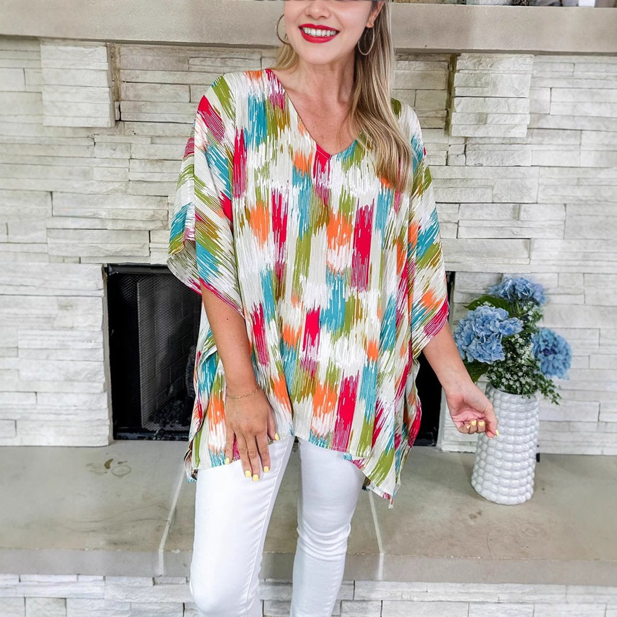 Women's Colorful Abstract Pattern Loose V-Neck Tunic