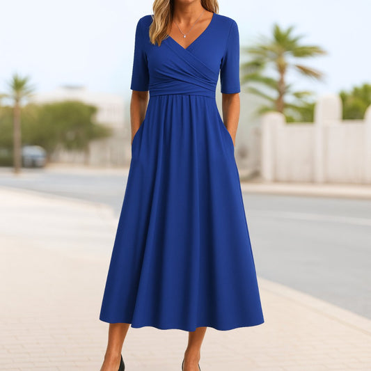 Women's Short-Sleeve A-Line Wrap Midi Dress